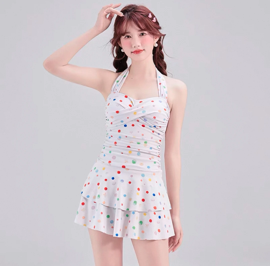 2025新款法式彩色波点挂脖裙式连体泳衣女夏季收腰专业显瘦度假风