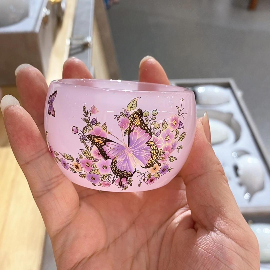 手工艺品琉璃粉红色客杯 蝶恋花