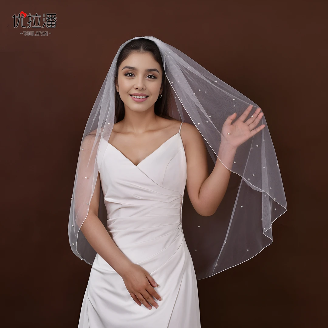 优拉潘 韩系甜美有发梳新娘头纱白色小珍珠简约风订婚照软薄纱V06