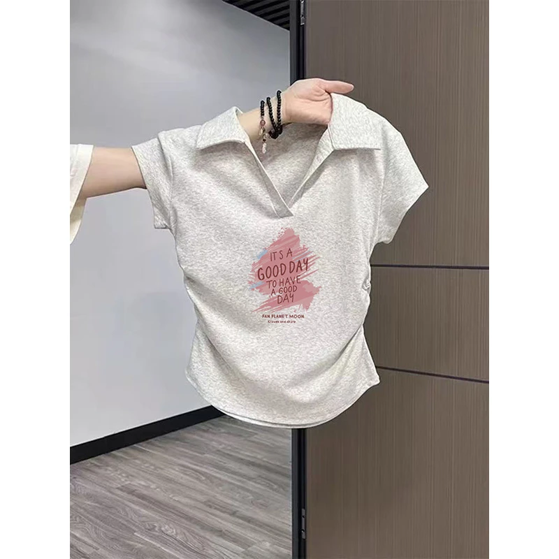 polo领正肩短袖t恤女夏季设计感小众褶皱修身不规则短款洋气上衣