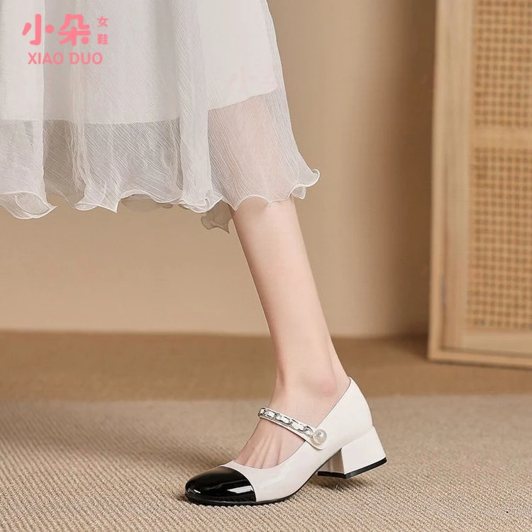 低跟粗跟一字带玛丽珍女鞋2025秋季新款小香风一脚蹬百搭方头单鞋
