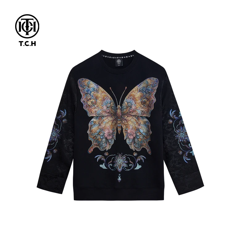 轻奢-TCH新中式烫钻蝴蝶拼接提花时尚圆领长袖T恤卫衣T72C116013