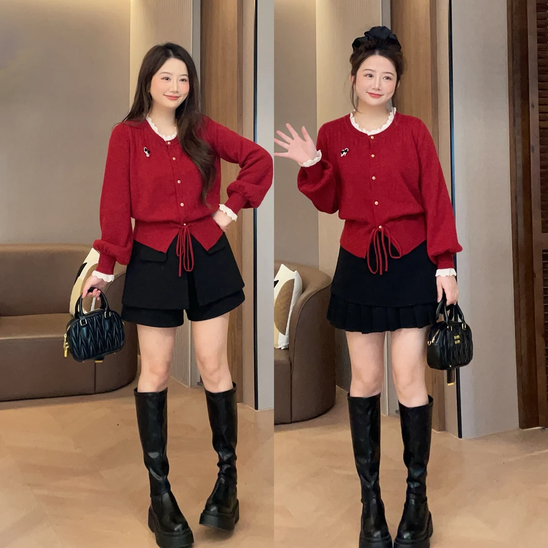 大萌萌 洋气红色拼接针织衫圆领套头毛衣+半裙秋冬微胖显瘦套装女