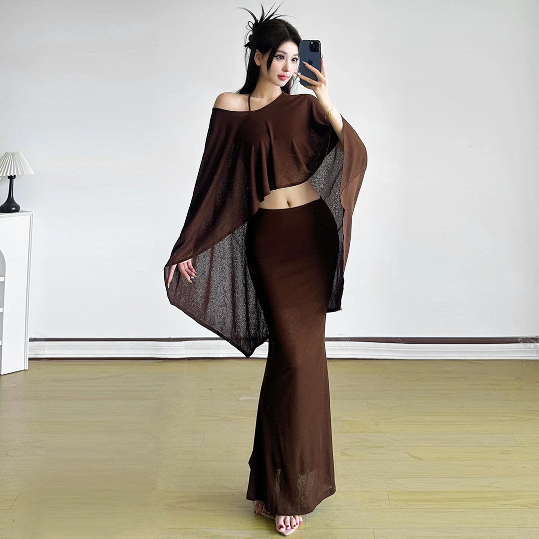 Malou 慵懒风时尚复古蝙蝠罩衫上衣高腰半身裙套装女S78182+66014