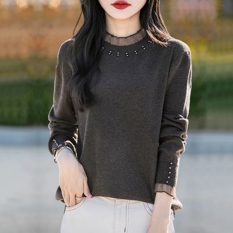 胖mm春秋大码毛衣女遮肚子巨显瘦上衣2025新款内搭蕾丝针织打底衫