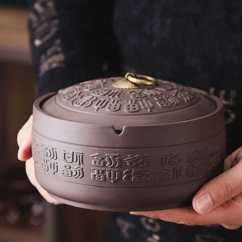 大号紫砂带盖烟灰缸办公室家用防飞灰防烟味复古创意生活车载陶瓷