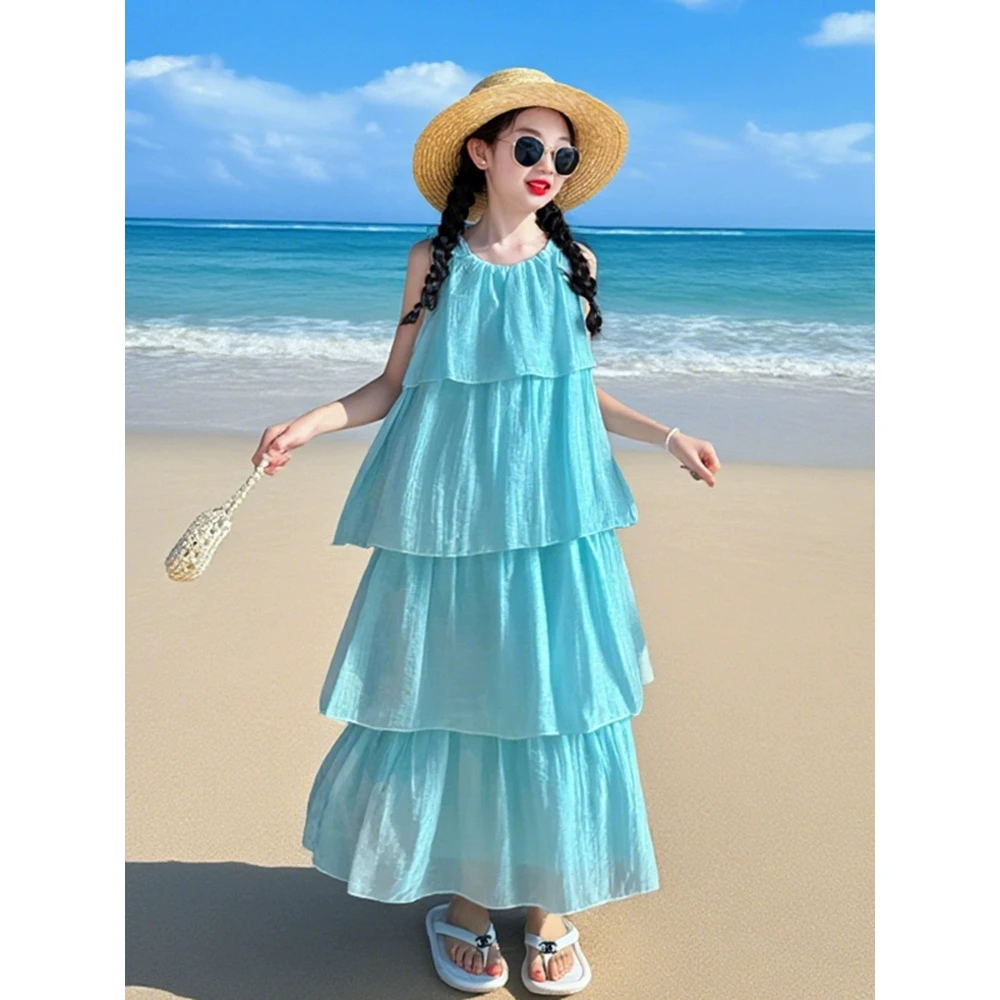 女童海边度假裙子夏2025新款女大童吊带裙初中生连衣裙夏季沙滩裙