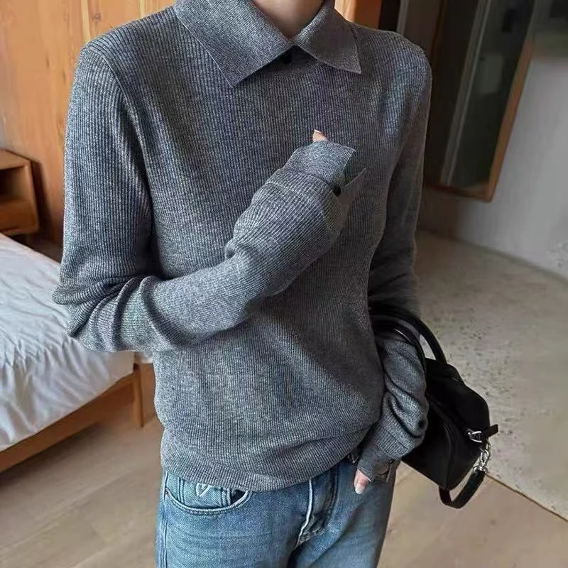 7765#设计感毛衣POLO领针织衫羊毛打底衫袖口开叉黑色翻领上衣女