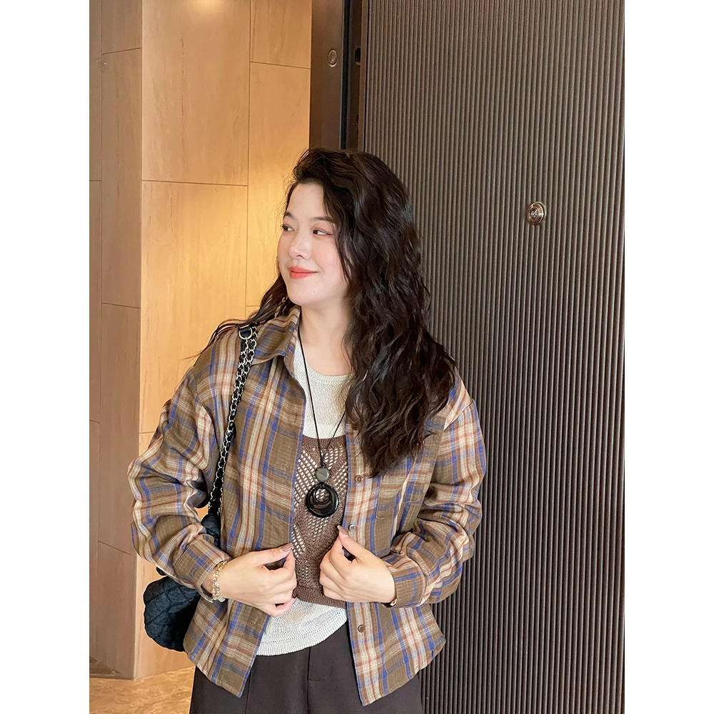 WenWen小个子2025早秋色系穿搭韩版格子衬衫复古休闲外套4236