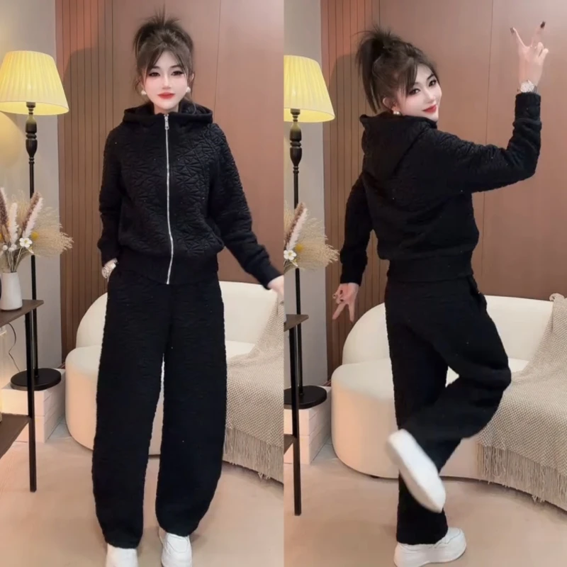 秋冬季新款时尚显瘦气质女士洋气连帽外套搭配阔腿裤套装高品质女