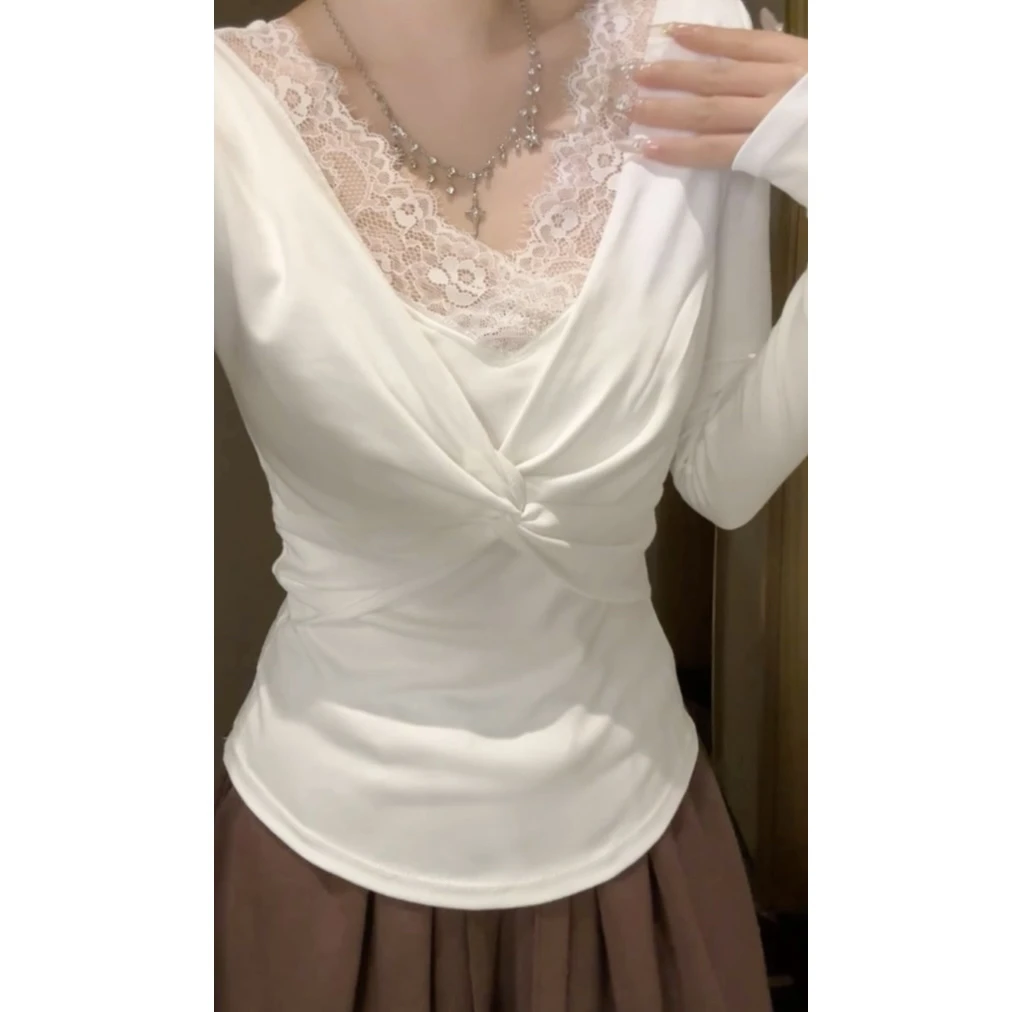纯欲蕾丝扭结V领打底衫女秋冬显瘦收腰长袖洋气上衣时尚百搭