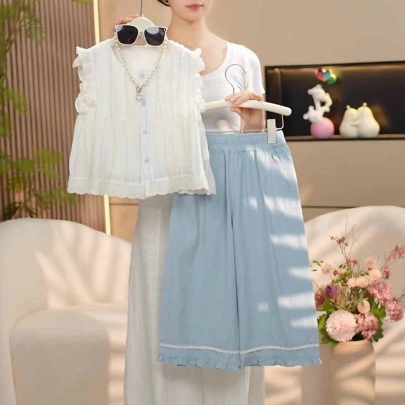 女童花边娃娃衫套装夏季2025新款潮儿童夏装女孩阔腿裤两件套洋气