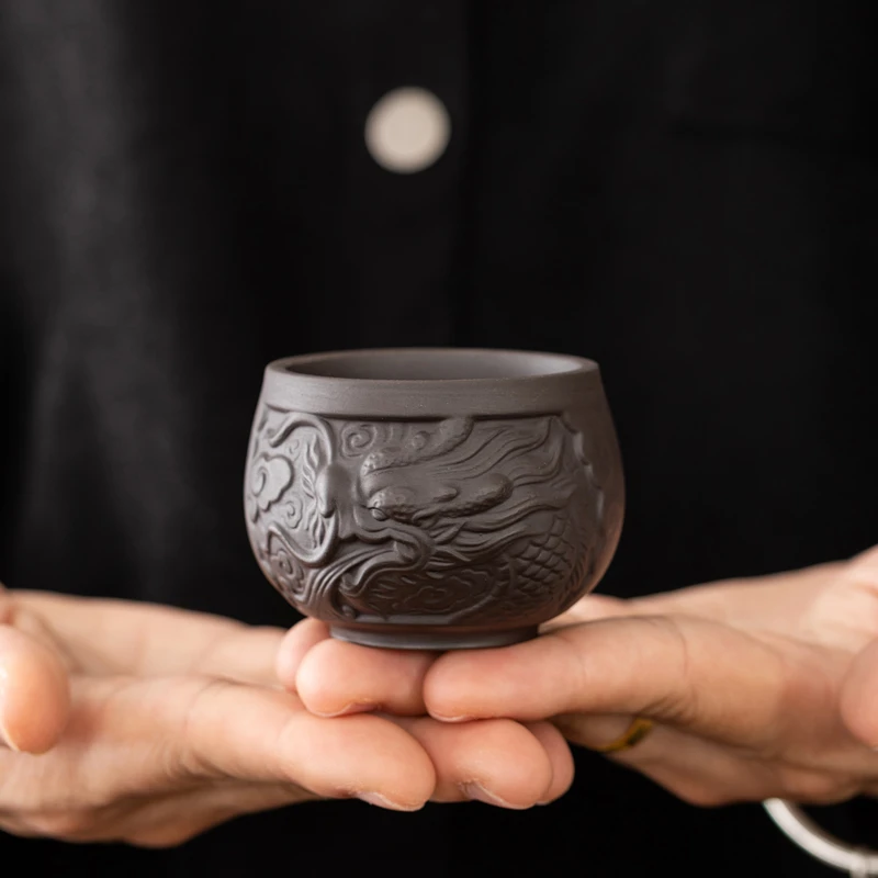浮雕紫砂茶杯陶瓷品茗杯单个家用简约功夫茶小茶盏喝茶碗主人杯子