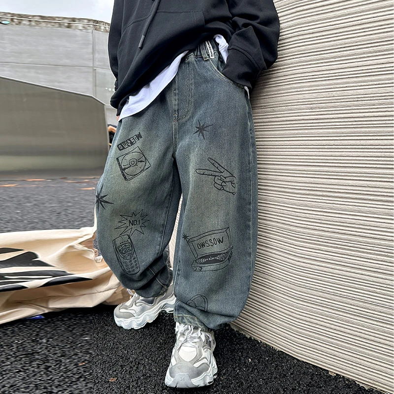男童印花牛仔裤春秋款2025新款儿童裤子中大童装男孩长裤秋季潮牌