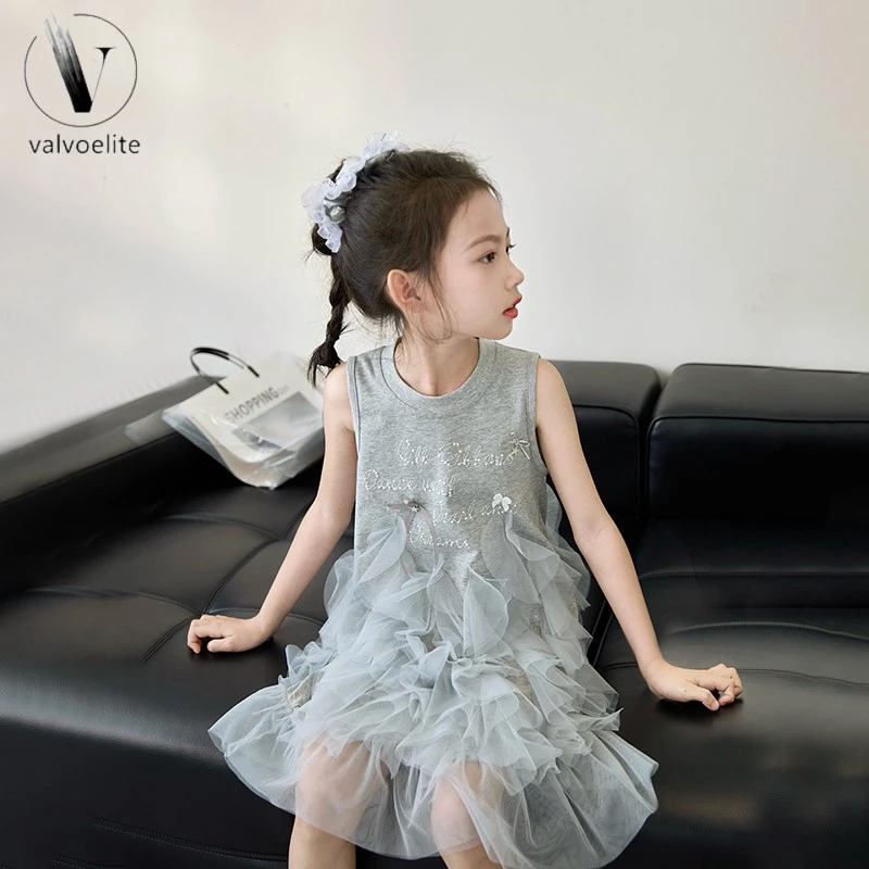 VALVOELITE女童夏季裙子新款女孩儿蝴蝶结洋气生日网纱裙礼服裙