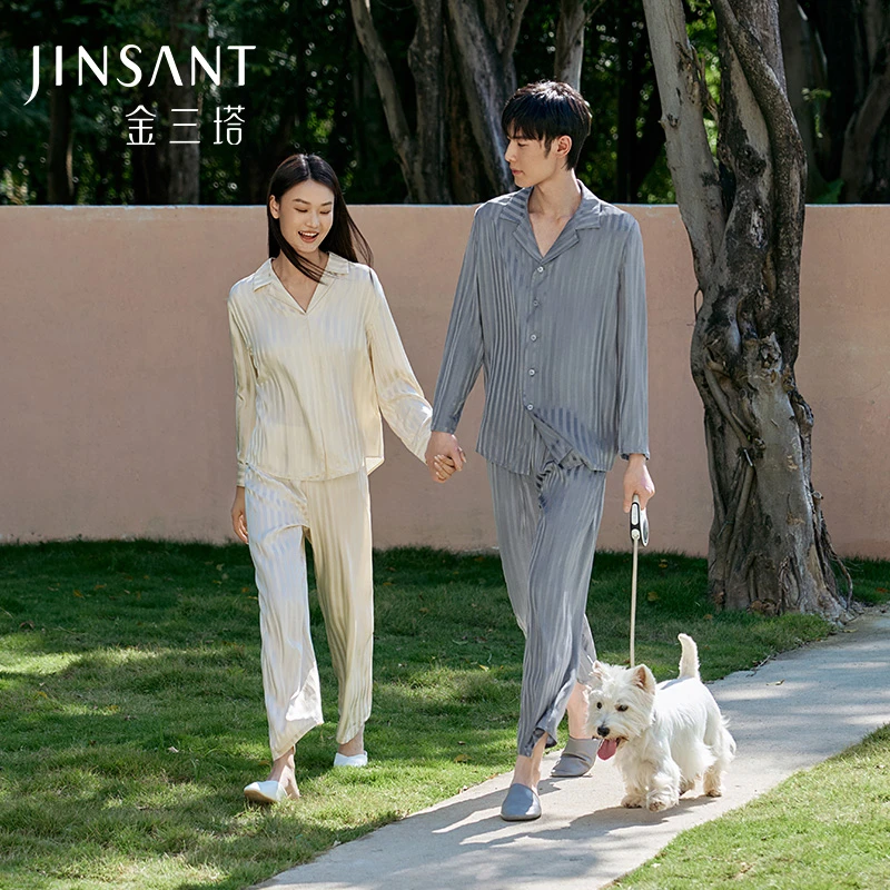金三塔100%桑蚕丝男女长袖情侣简约桑波缎真丝睡衣休闲条纹简约