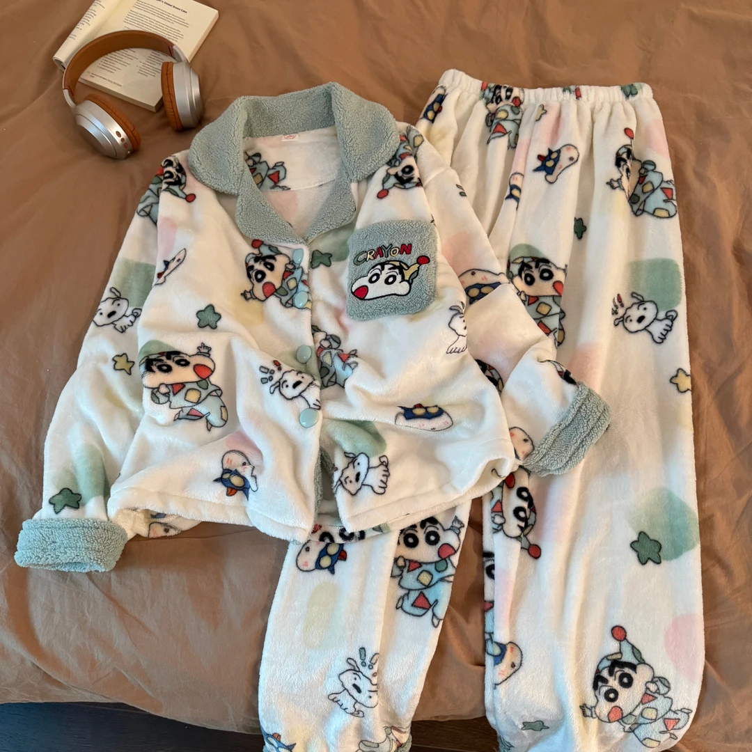 睡衣女秋冬季珊瑚绒大码加厚可外穿法兰绒蜡笔小新套装冬天家居服