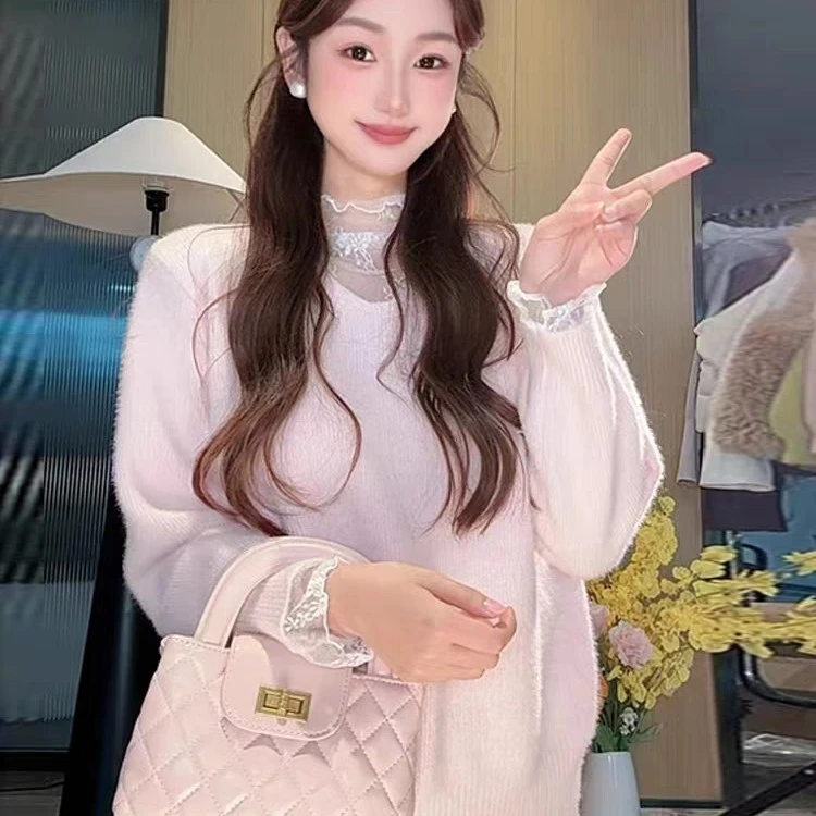 不起球 纯欲温柔风蕾丝拼接加厚针织衫毛衣女气质减龄打底衫秋冬