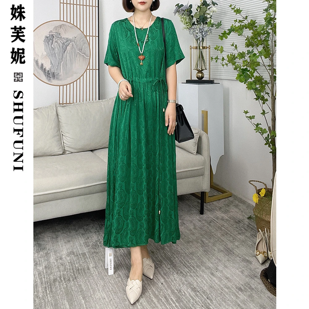 【姝芙妮】高品质人丝腰果花圆领系带连衣裙99883绿