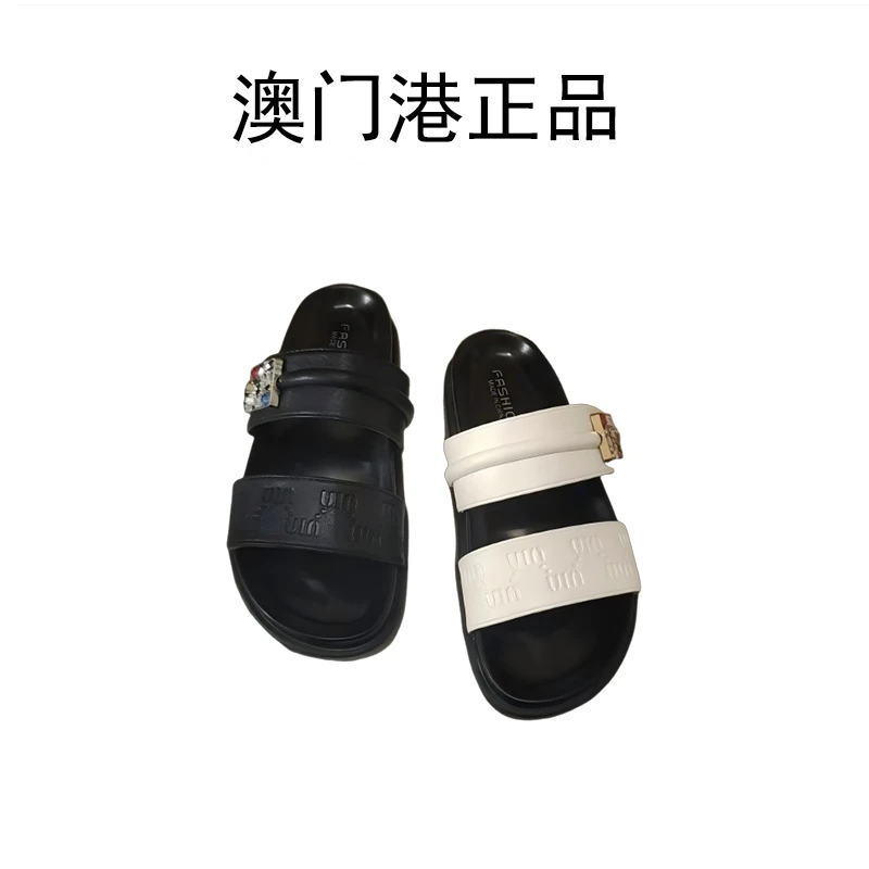 【澳门港正品】欧洲站一字带水钻搭扣凉鞋女新款厚底时尚百搭凉拖鞋
