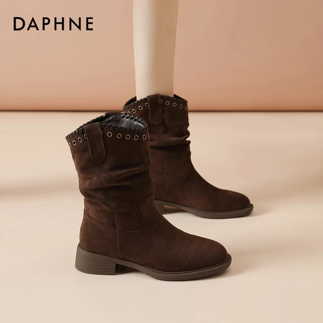达芙妮加绒中筒靴子女2025冬季新款美拉德短靴咖色西部牛仔靴保暖