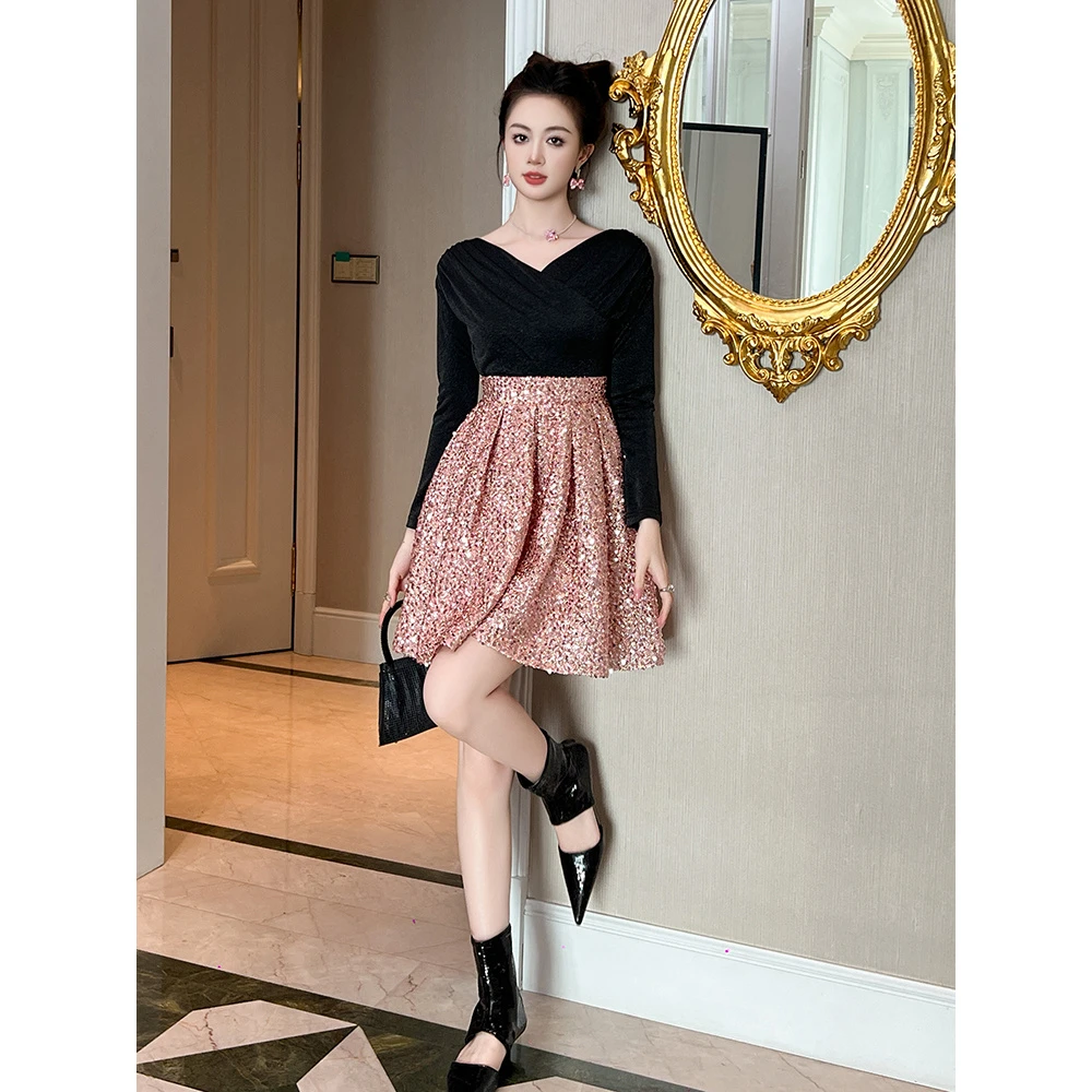 小个子假两件连衣裙女春季粉色亮片收腰显瘦a字裙v领短裙年会礼服
