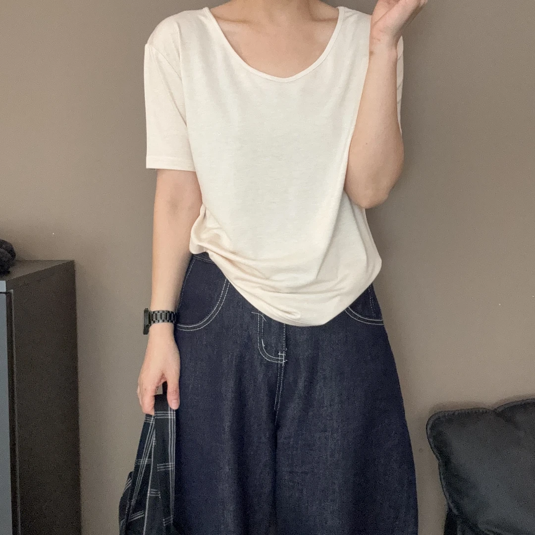 夏季短袖V领纯色T恤女宽松休闲显瘦简约百搭上衣-2518