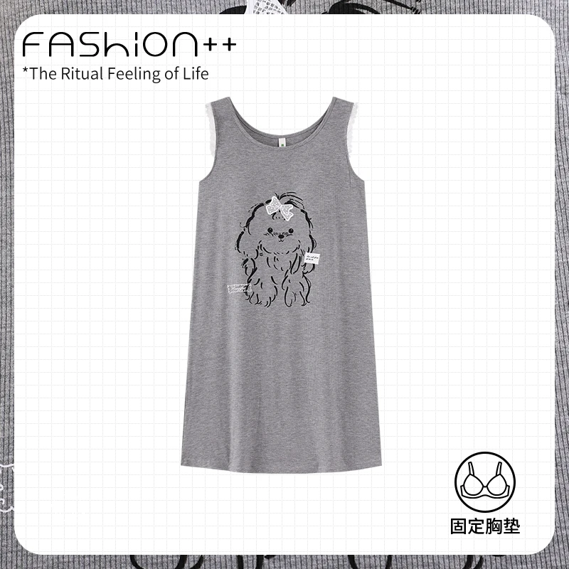 夏季睡衣女背心带胸垫圆领过膝睡裙莫代尔小狗蝴蝶结家居服可外穿