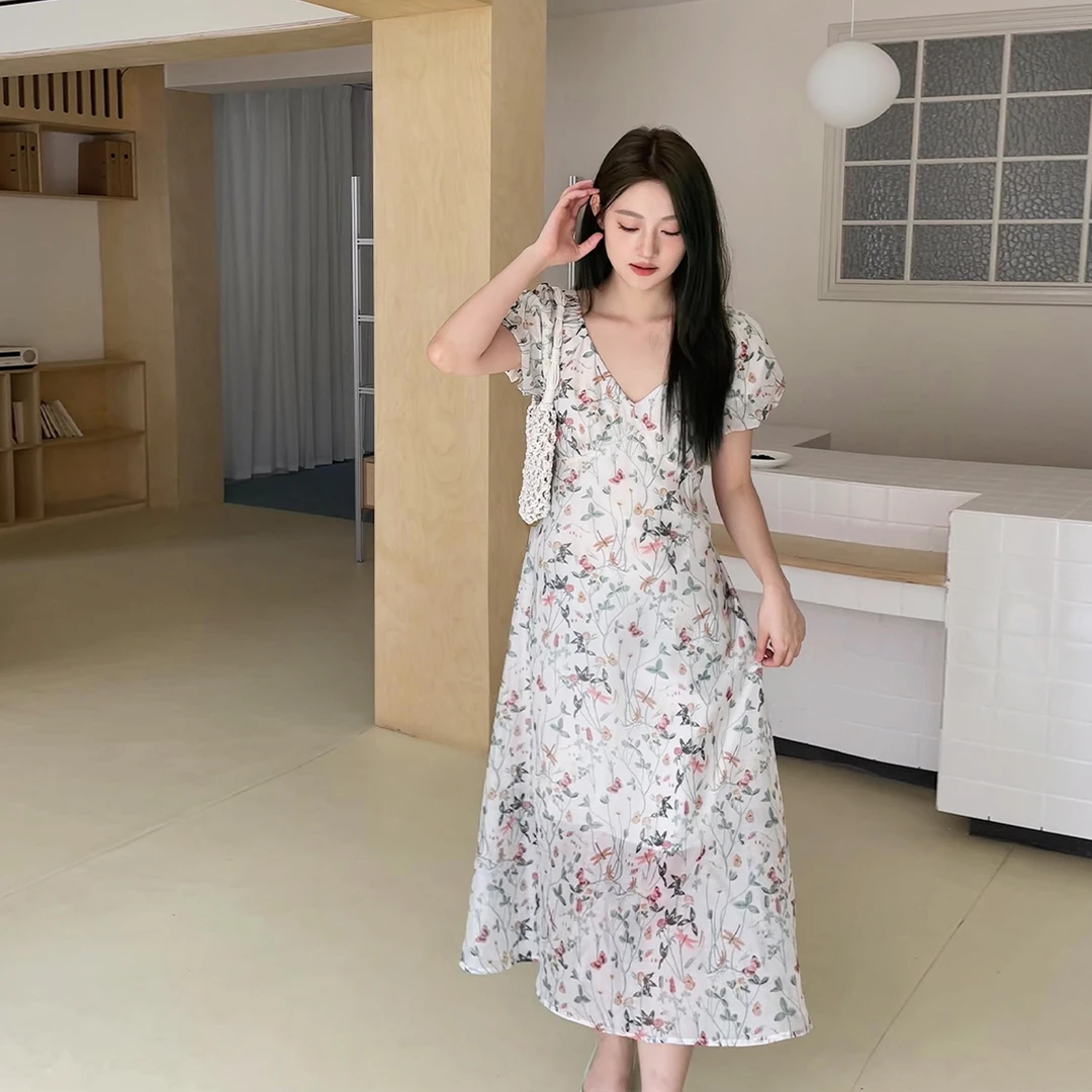 晶咕白标~法式V领绚烂花色桔梗连衣裙女夏季清新小泡袖长连衣裙