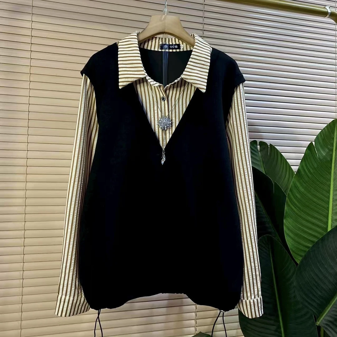Q胖mm欧货时尚新款休闲减龄假两件拼接条纹衬衫