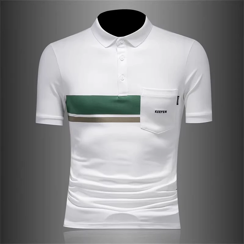 夏季时尚拼色新款刺绣字母翻领口袋时尚短袖Polo衫男潮流半袖T恤