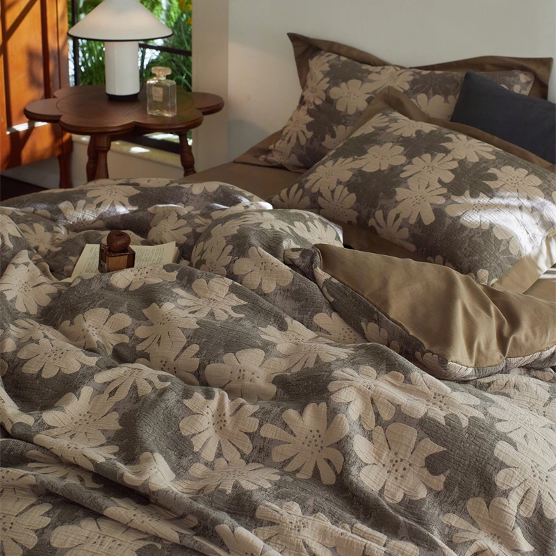 易安阁美式田园复古花朵驼咖色床上四件套纯棉1.5m1.8米被套床单