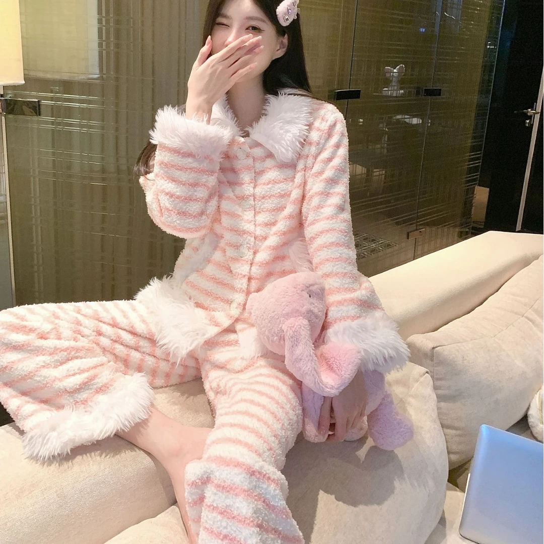 毛绒条纹睡衣女秋冬季新款珊瑚绒甜美风加厚保暖双面绒家居服套装