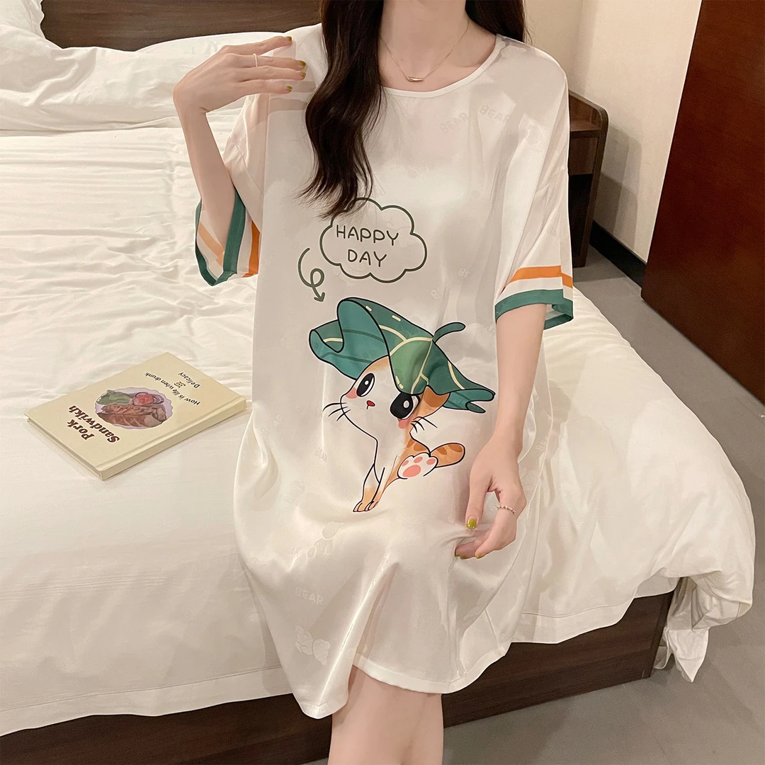 睡衣女夏季宽松睡裙凉感大码薄款短袖网红风可外穿春秋家居服