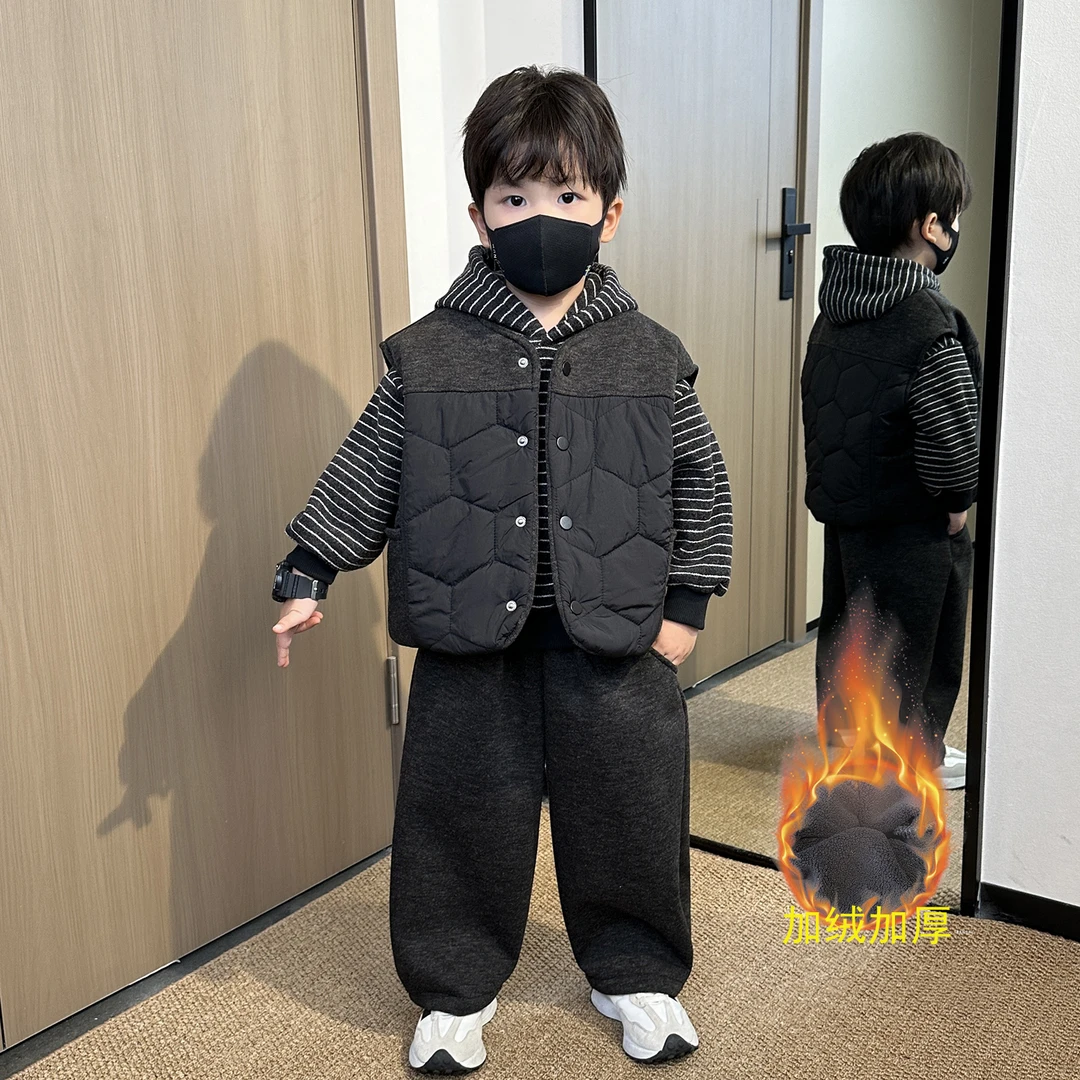 男童加绒秋冬装套装2025新款帅气儿童冬季男孩宝宝加厚马甲三件套