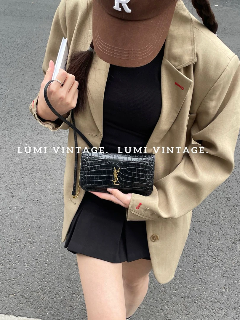 95新 YSL/圣罗兰 monogram 黑色鳄鱼压纹woc单肩包25912728