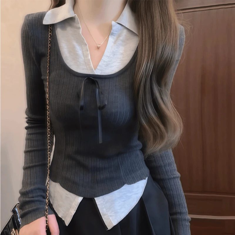 春季新款chic韩系穿搭大码胖mm独特漂亮针织衫假两件polo领上衣女