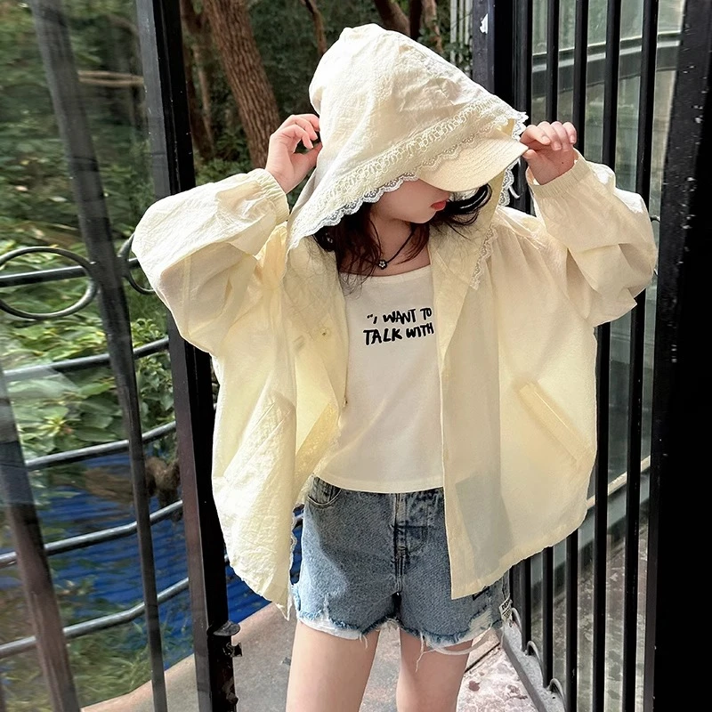 韩版女童夏季薄款连帽休闲衣儿童女童夏装6-12岁潮款女童防晒服