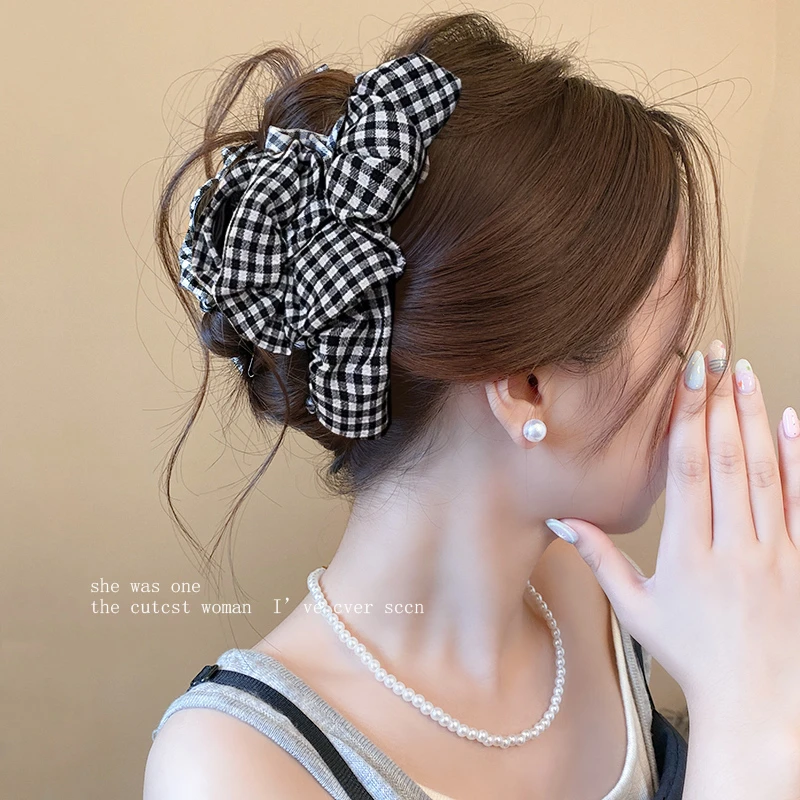 气质黑白格子抓夹女高级感文艺后脑勺发夹2025新款大号盘发鲨鱼夹