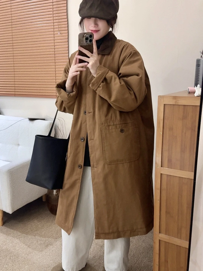 复古棉服女2025年冬季拼接灯芯绒翻领宽松休闲中长款工装棉衣外套