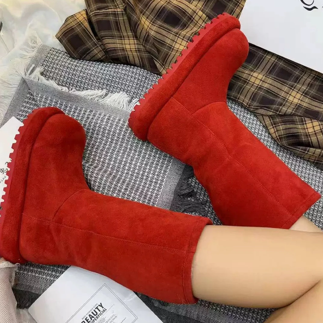 2025新款大头雪地靴女纯皮高筒加厚厚底时尚靴红色同款时装靴