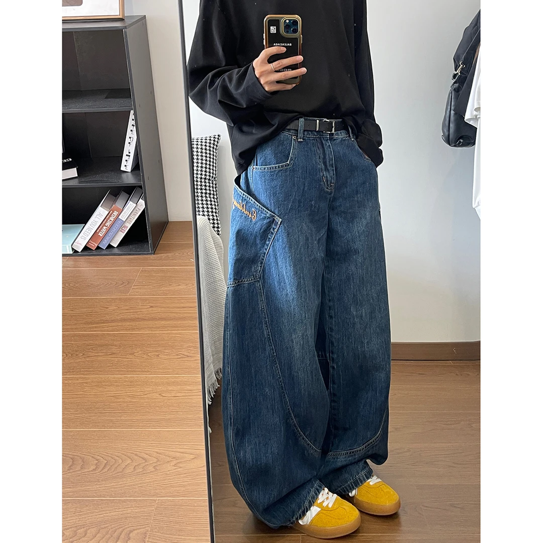 高街水洗拼接弯刀牛仔裤男四季美式阔腿工装裤子潮牌百搭拖地长裤