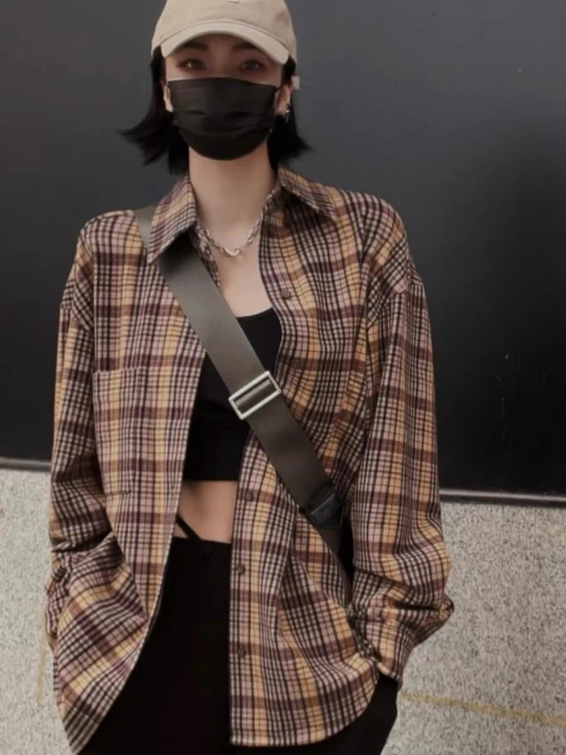 秋冬新款宽松男友风经典格子中长款大码衬衫上衣 5300911