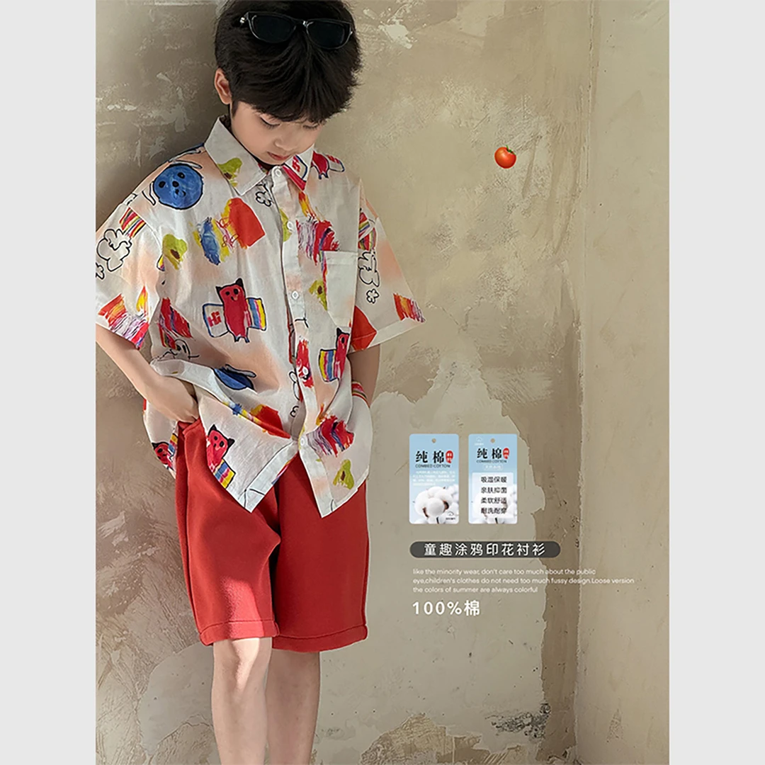 虾酱麻麻男童短袖花衬衫薄夏装2025新款男孩纯棉童趣涂鸦儿童衬衣
