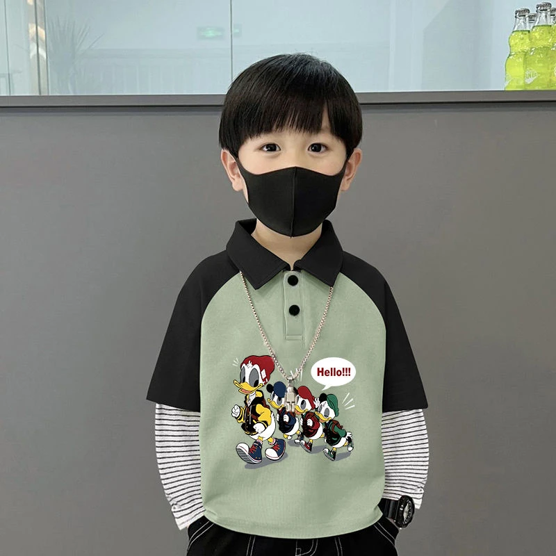 时尚男童春秋撞色POLO衫长袖T恤2025新款中小儿童秋季男孩假两件T