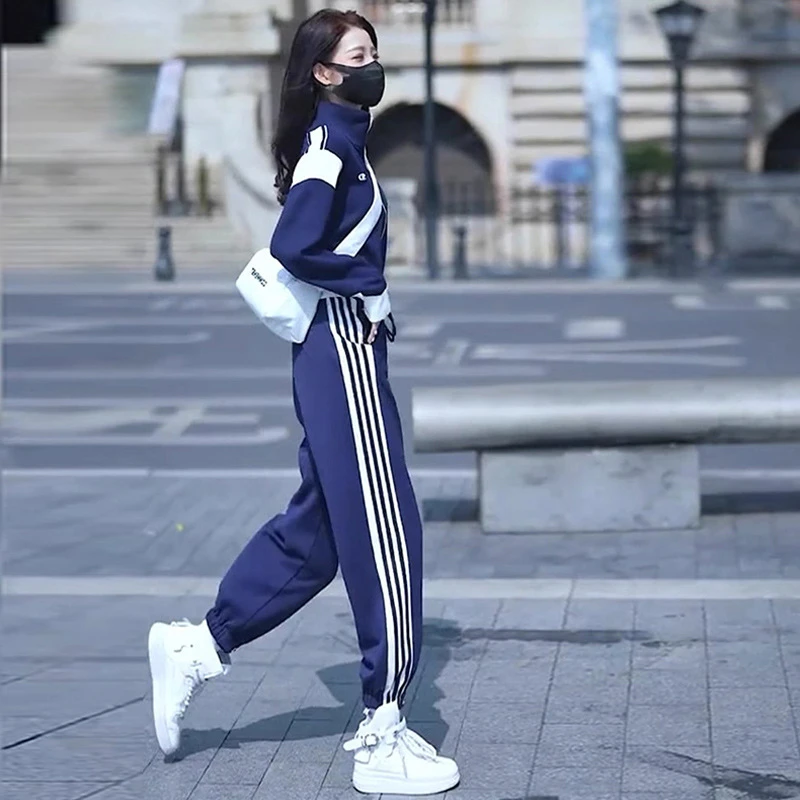 休闲运动套装女2025秋季盐系炸街欧货时尚洋气蓝色外套卫裤两件套