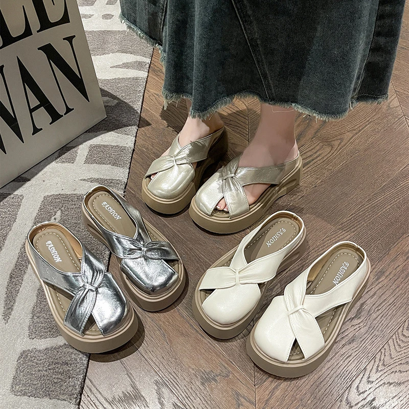 5cm高平跟包头坡跟休闲风舒适包头拖夏季厚底时尚圆头凉鞋防滑底