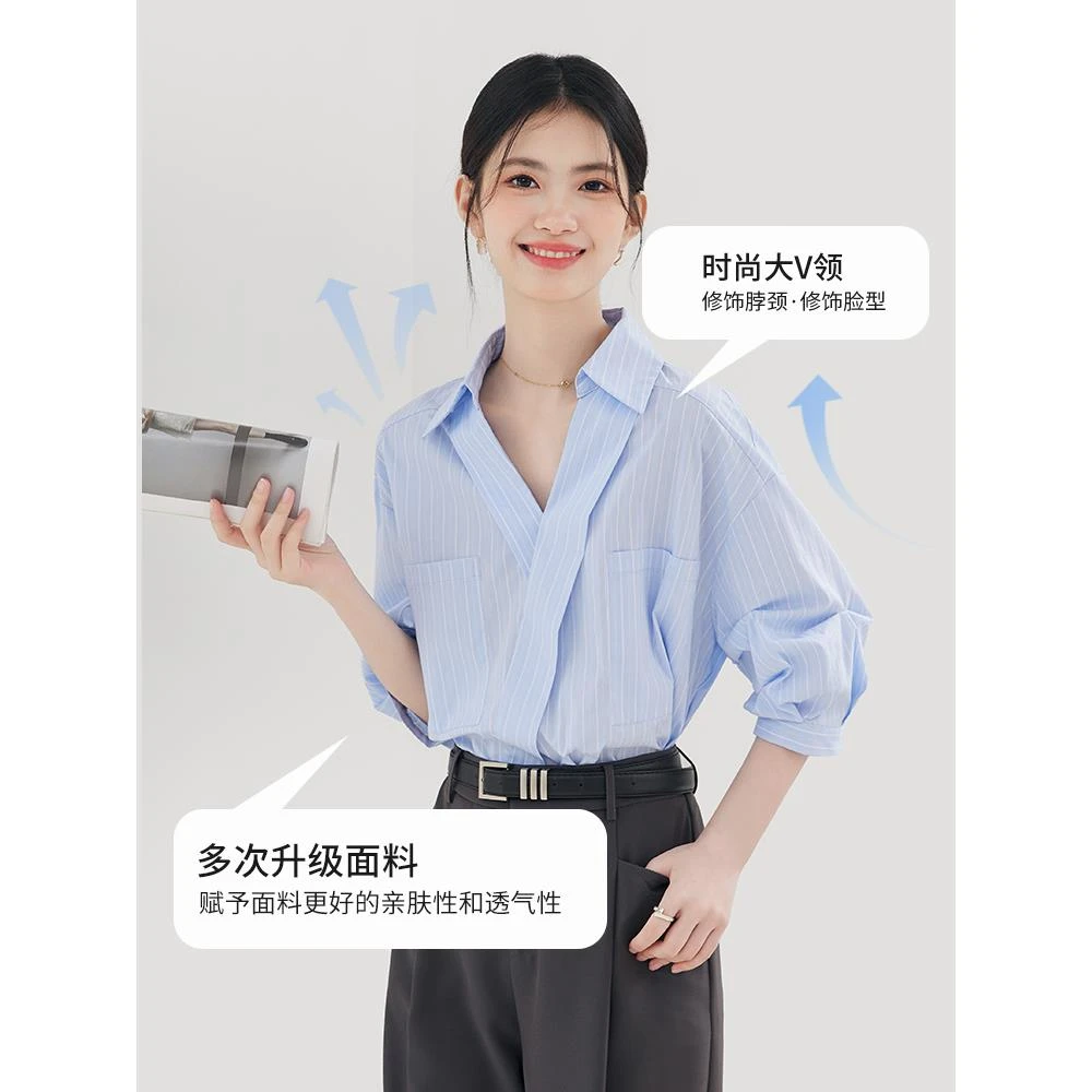 图曼朵【条纹美学】气质通勤V领条纹短袖衬衫职业高级感宽松衬衣