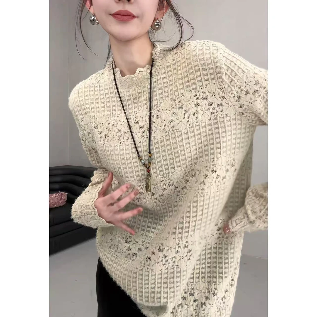 玖了个玖 2025冬款 极简百搭蕾丝拼接竖条纹显瘦上衣 2511C7915