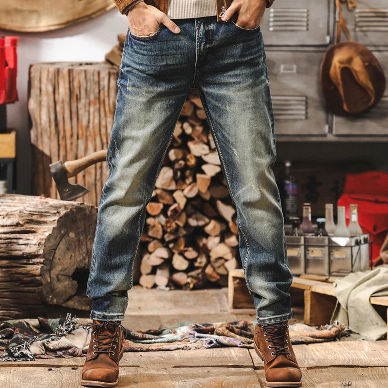 美式复古牛仔裤男款秋季时尚新款潮牌机车修身直筒长裤男士休闲裤